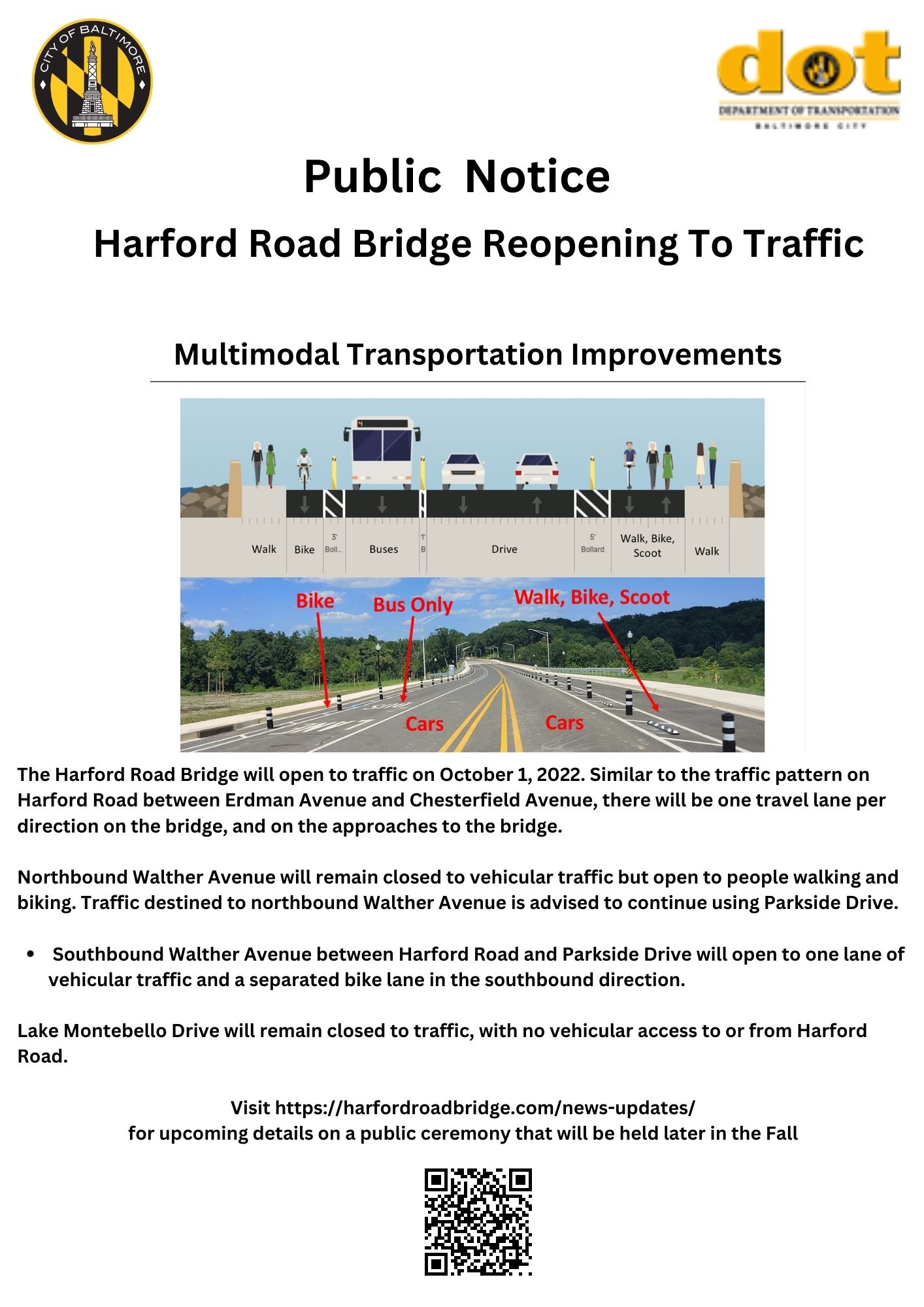 Image announcing Harford Road Bridge Reopening on October 1, 2022